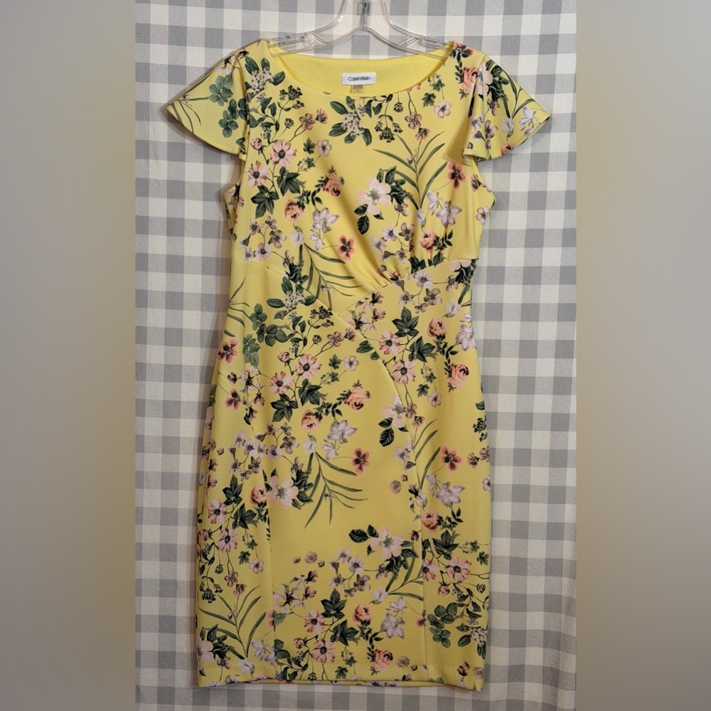 Calvin Klein Women’s Floral Ruffled Cap Sleeve Sheath Dress, Size 6, Yellow